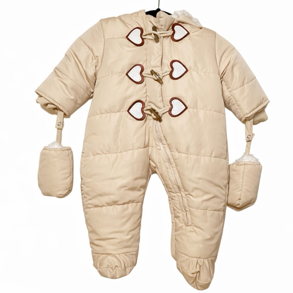 Baby Puffer Snowsuit 3-6M Heart Toggle Pram Fleece Lined NWOT